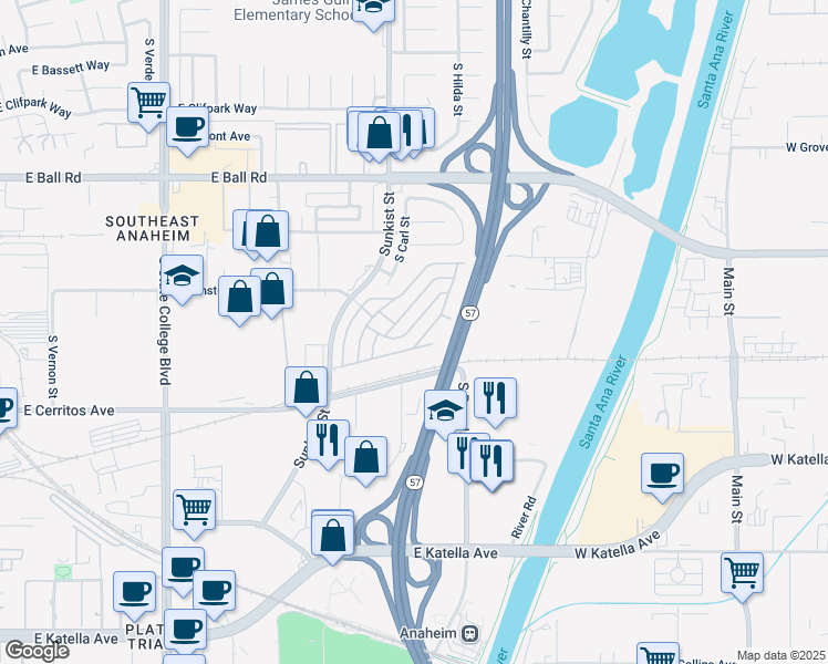 map of restaurants, bars, coffee shops, grocery stores, and more near 1400 South Sunkist Street in Anaheim