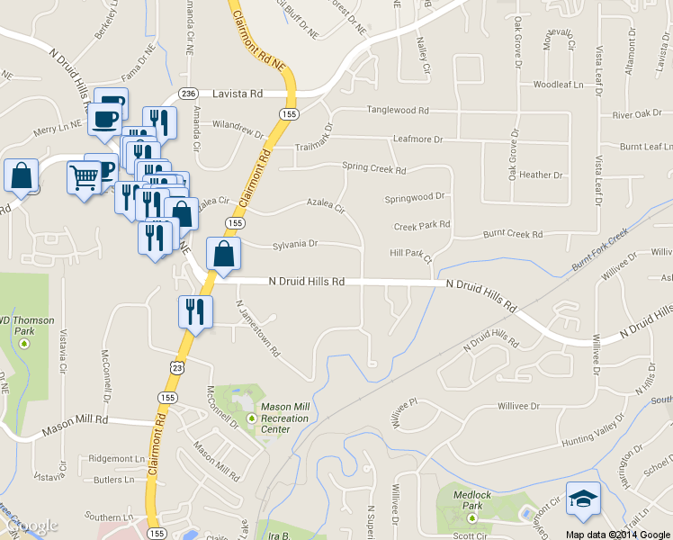 map of restaurants, bars, coffee shops, grocery stores, and more near 3194 N Druid Hills Rd in Decatur