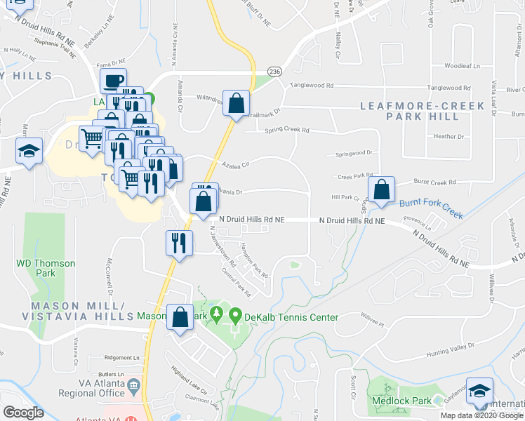 map of restaurants, bars, coffee shops, grocery stores, and more near 3154 North Druid Hills Road in Decatur