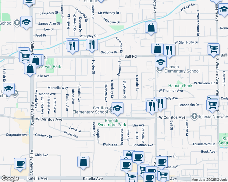 map of restaurants, bars, coffee shops, grocery stores, and more near 1348 South Berkley Street in Anaheim