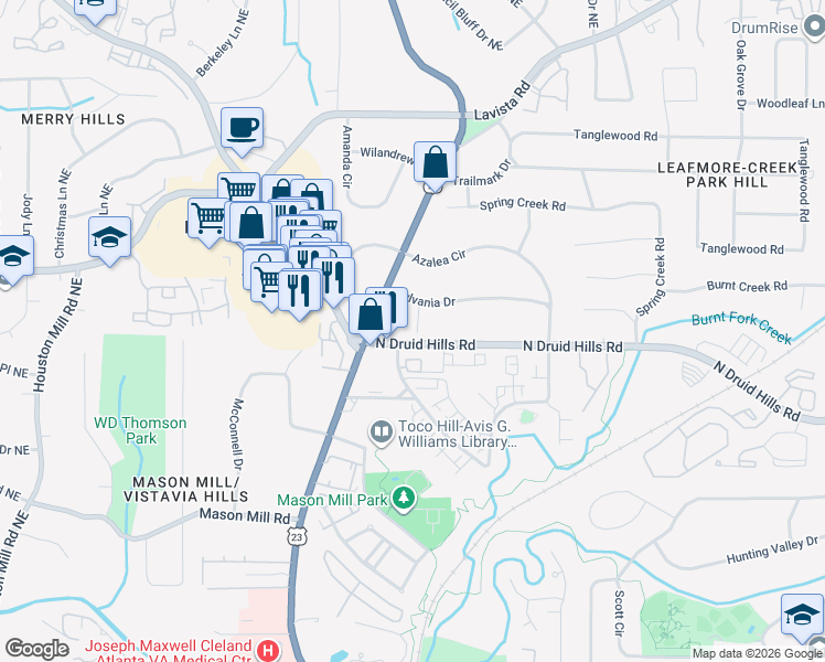 map of restaurants, bars, coffee shops, grocery stores, and more near 3094 N Druid Hills Rd in Decatur