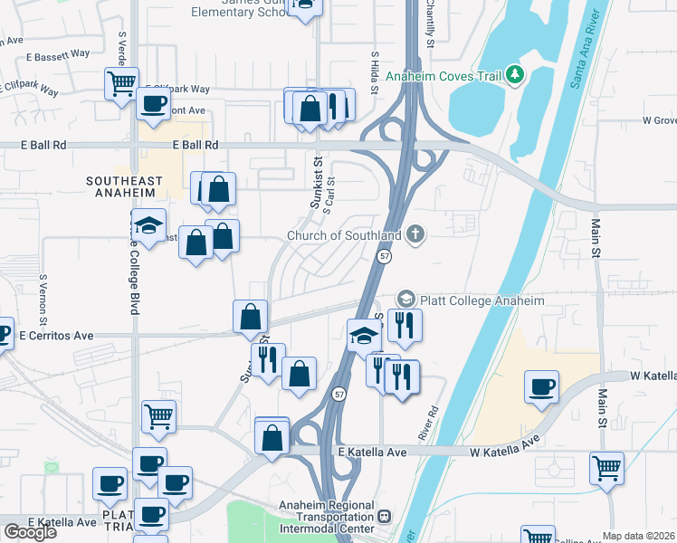 map of restaurants, bars, coffee shops, grocery stores, and more near 1400 South Sunkist Street in Anaheim