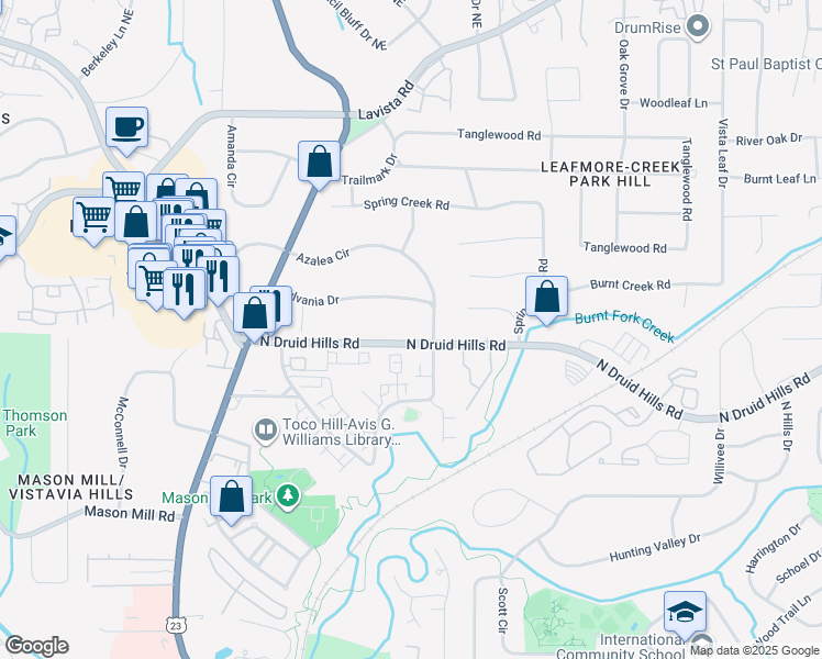 map of restaurants, bars, coffee shops, grocery stores, and more near 3202 North Druid Hills Road in Decatur