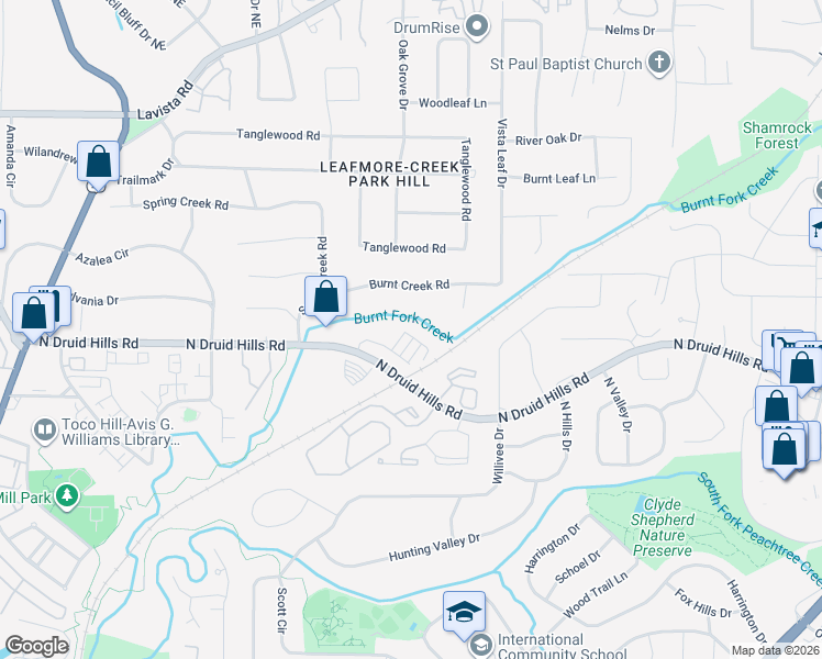 map of restaurants, bars, coffee shops, grocery stores, and more near 2353 Medlock Lane in Decatur