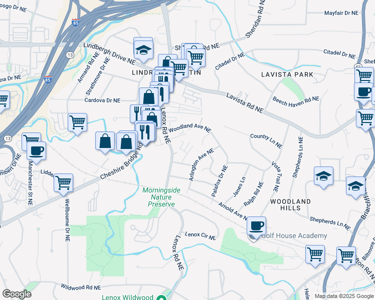 map of restaurants, bars, coffee shops, grocery stores, and more near 1114 Hampton Way Northeast in Atlanta