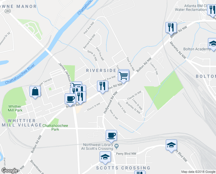 map of restaurants, bars, coffee shops, grocery stores, and more near 2102 Bolton Road Northwest in Atlanta