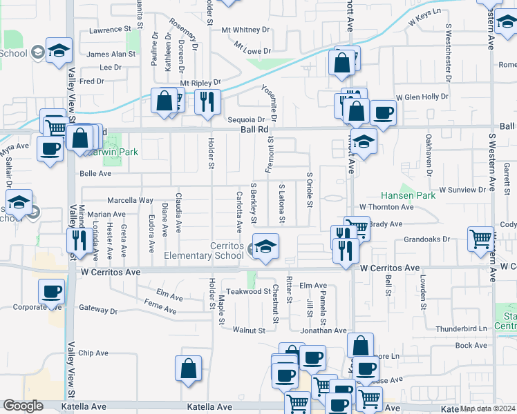 map of restaurants, bars, coffee shops, grocery stores, and more near 1348 South Berkley Street in Anaheim