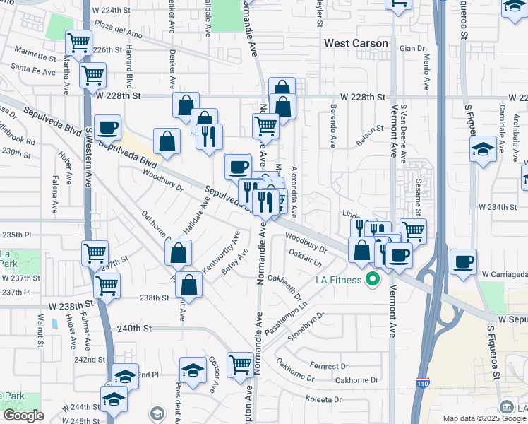 map of restaurants, bars, coffee shops, grocery stores, and more near Sepulveda Boulevard & South Normandie Avenue in Torrance