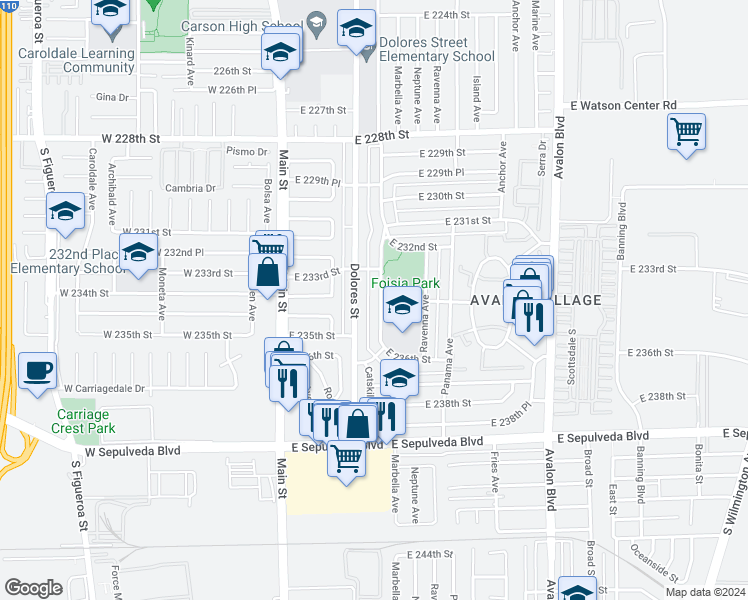 map of restaurants, bars, coffee shops, grocery stores, and more near 23401 Catskill Avenue in Carson