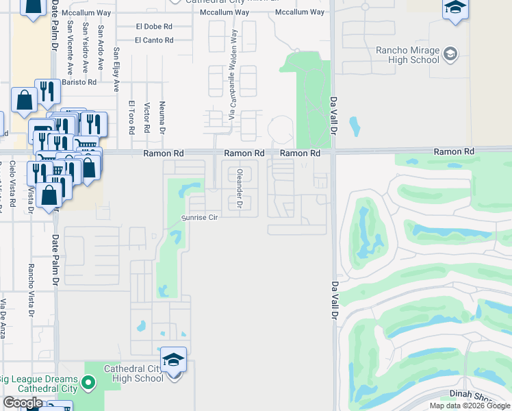 map of restaurants, bars, coffee shops, grocery stores, and more near 69801 Ramon Road in Cathedral City