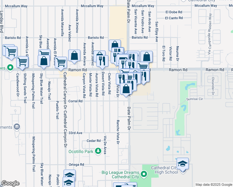 map of restaurants, bars, coffee shops, grocery stores, and more near 32375 Rancho Vista Drive in Cathedral City