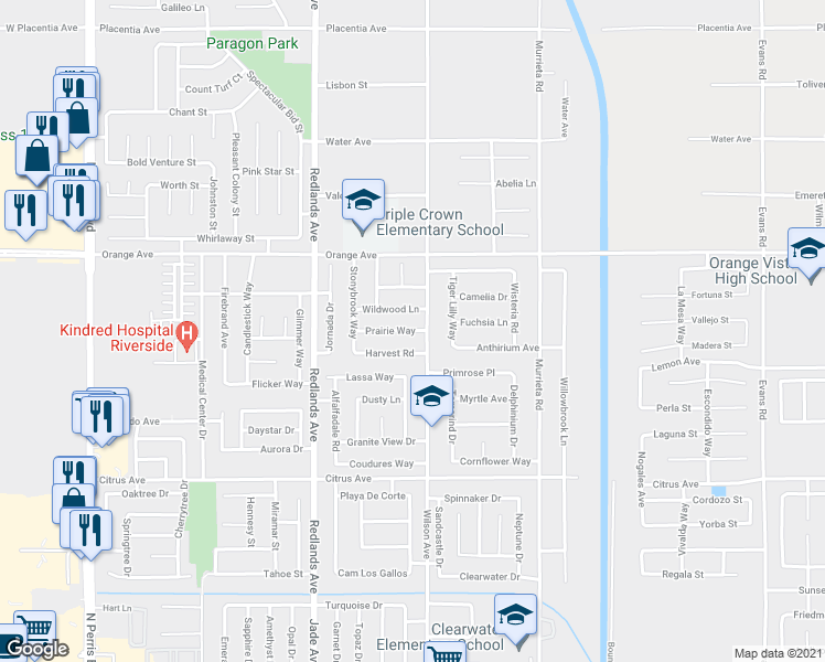 map of restaurants, bars, coffee shops, grocery stores, and more near 2376 Wilson Avenue in Perris