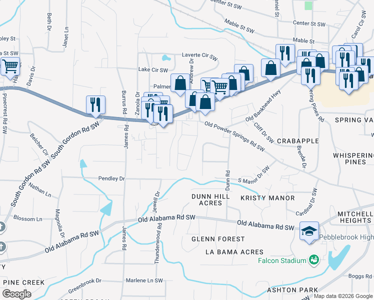 map of restaurants, bars, coffee shops, grocery stores, and more near 1306 Old Powder Springs Road Southwest in Mableton