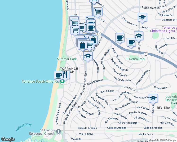 map of restaurants, bars, coffee shops, grocery stores, and more near in Torrance