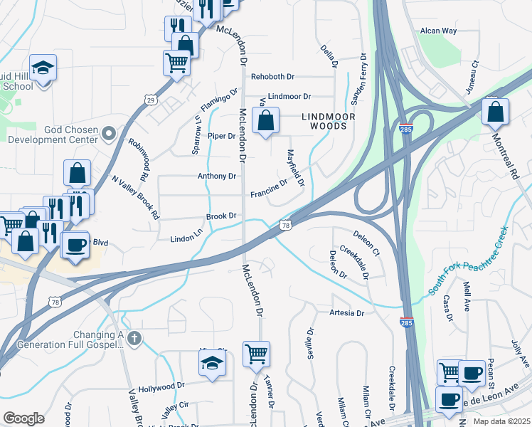 map of restaurants, bars, coffee shops, grocery stores, and more near 1131 Mayfield Drive in Decatur