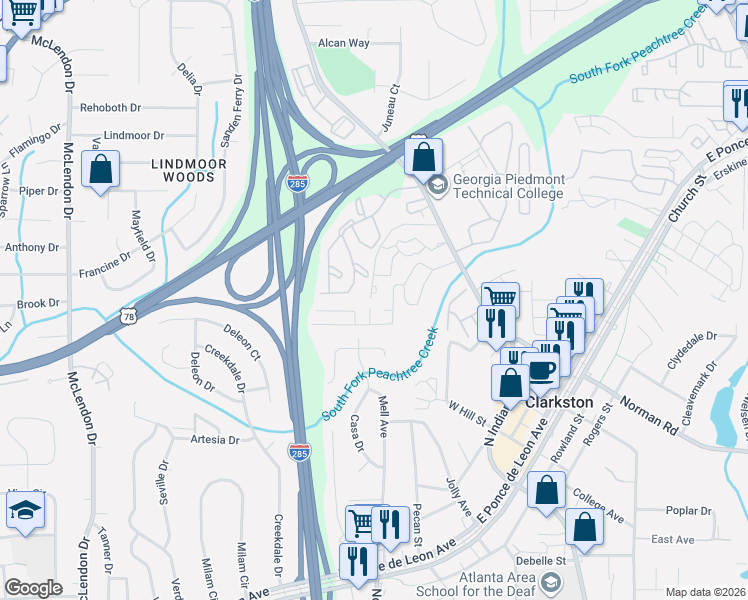 map of restaurants, bars, coffee shops, grocery stores, and more near 1108 Montreal Road in Clarkston