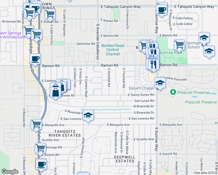 map of restaurants, bars, coffee shops, grocery stores, and more near 650 South Grenfall Road in Palm Springs