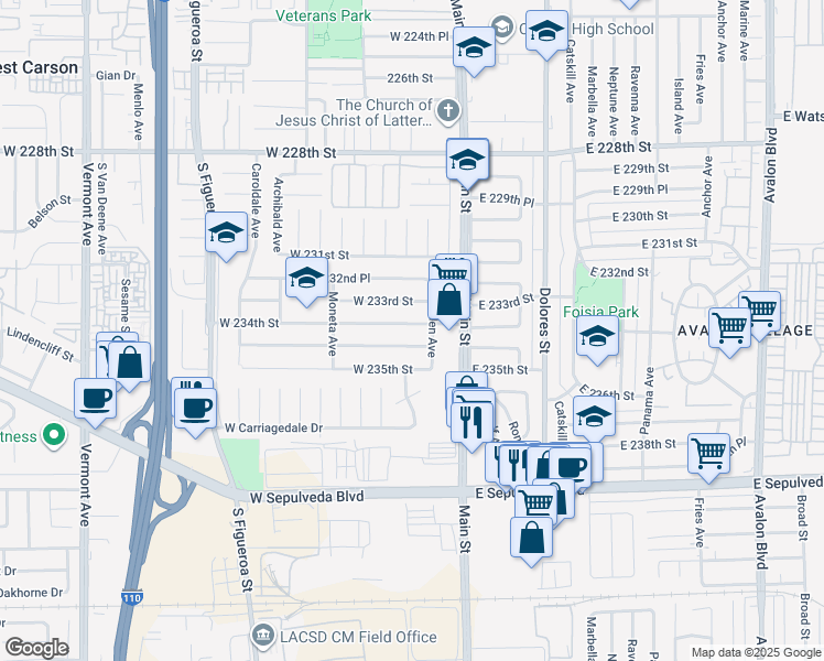 map of restaurants, bars, coffee shops, grocery stores, and more near 156 West 234th Street in Carson