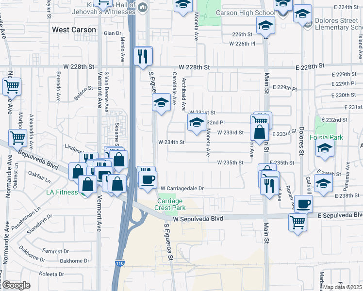 map of restaurants, bars, coffee shops, grocery stores, and more near 406 West 234th Street in Carson