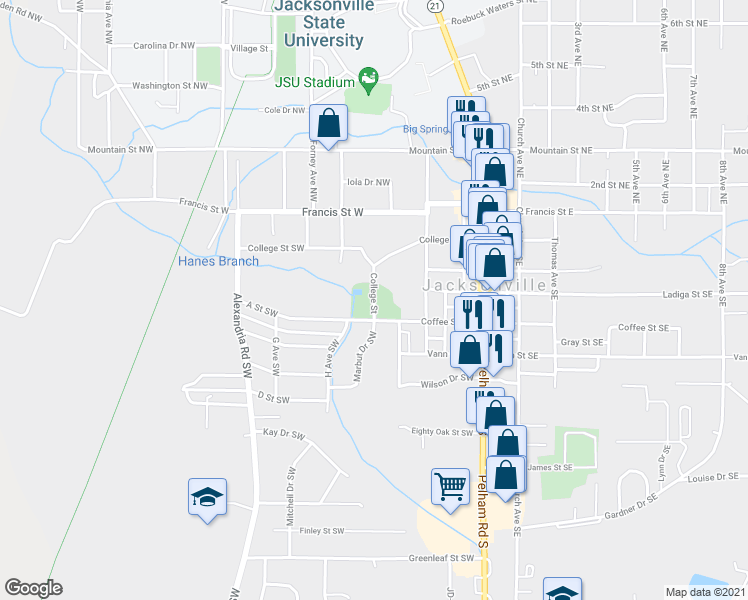 map of restaurants, bars, coffee shops, grocery stores, and more near 38 College Street in Jacksonville