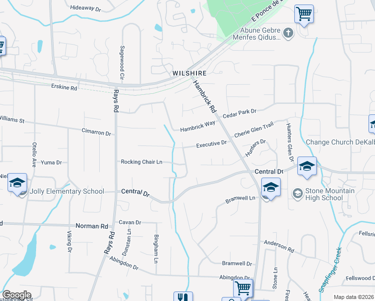 map of restaurants, bars, coffee shops, grocery stores, and more near 1145 Forest Heights Road in Stone Mountain
