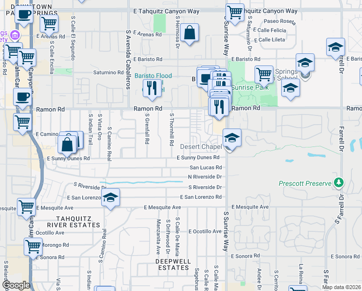 map of restaurants, bars, coffee shops, grocery stores, and more near 641 Dunes Court in Palm Springs