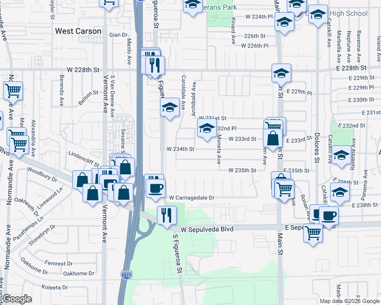 map of restaurants, bars, coffee shops, grocery stores, and more near 406 West 234th Street in Carson