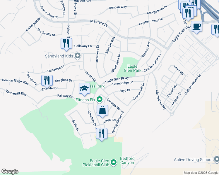 map of restaurants, bars, coffee shops, grocery stores, and more near 4278 Havenridge Drive in Corona