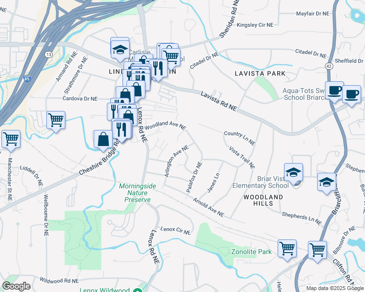 map of restaurants, bars, coffee shops, grocery stores, and more near 2134 Arlington Avenue Northeast in Atlanta