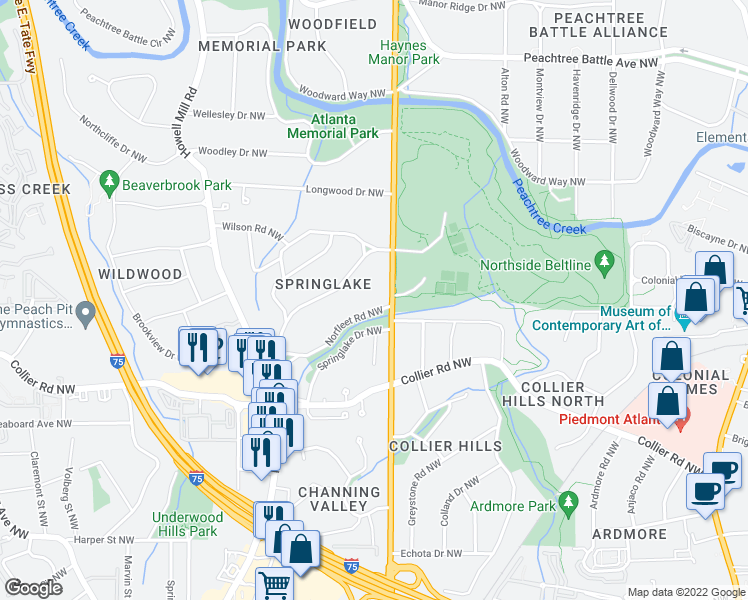 map of restaurants, bars, coffee shops, grocery stores, and more near 615 Norfleet Road Northwest in Atlanta