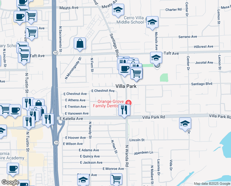 map of restaurants, bars, coffee shops, grocery stores, and more near 1544 North Harding Street in Orange