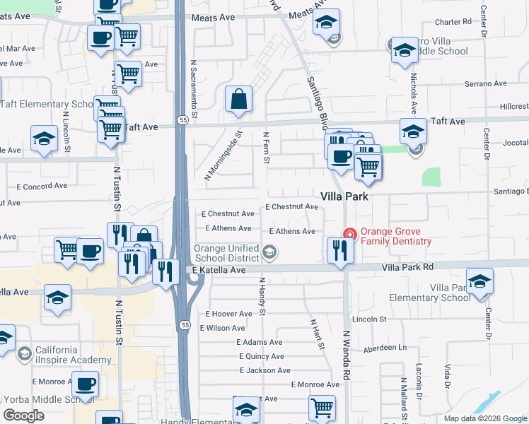 map of restaurants, bars, coffee shops, grocery stores, and more near 1570 North Fern Street in Orange