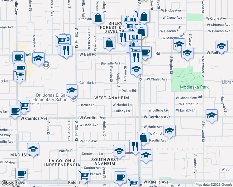 map of restaurants, bars, coffee shops, grocery stores, and more near 9841 Chanticleer Road in Anaheim