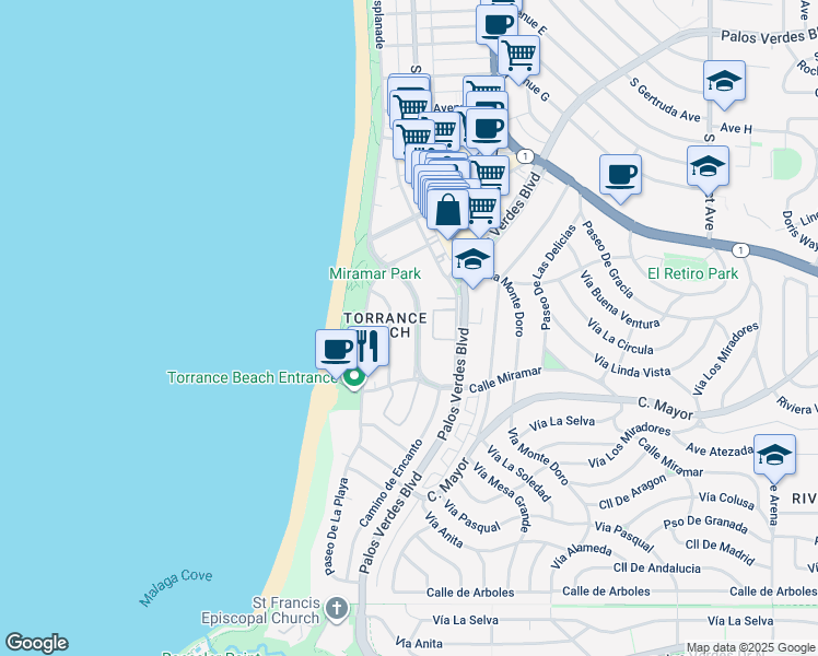 map of restaurants, bars, coffee shops, grocery stores, and more near 142 Paseo De La Concha in Redondo Beach