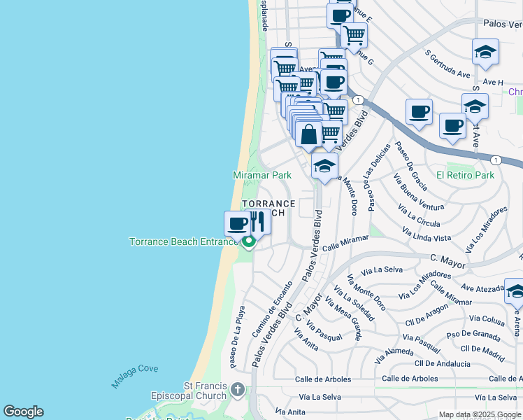 map of restaurants, bars, coffee shops, grocery stores, and more near 326 Paseo De La Playa in Redondo Beach