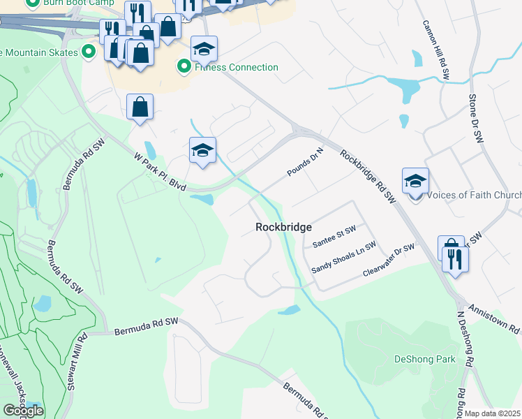 map of restaurants, bars, coffee shops, grocery stores, and more near 2352 Rockwood Way Southwest in Stone Mountain