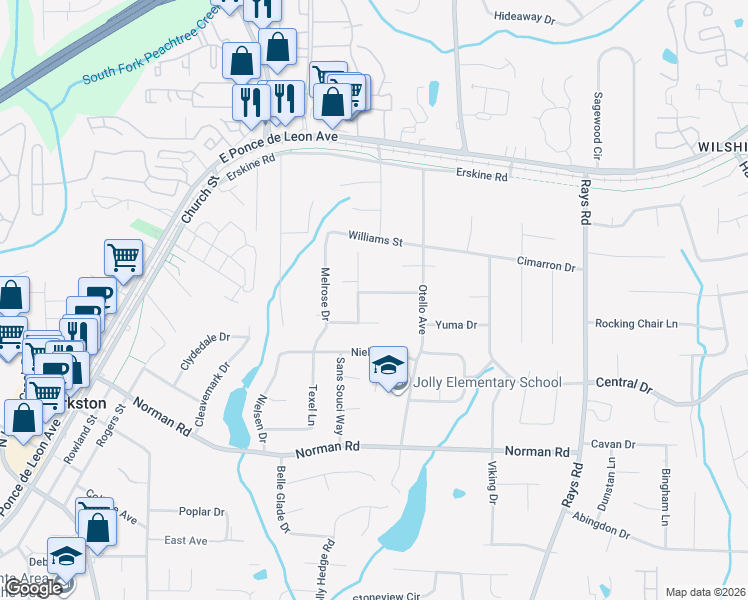 map of restaurants, bars, coffee shops, grocery stores, and more near 4239 Wheaton Lane in Clarkston