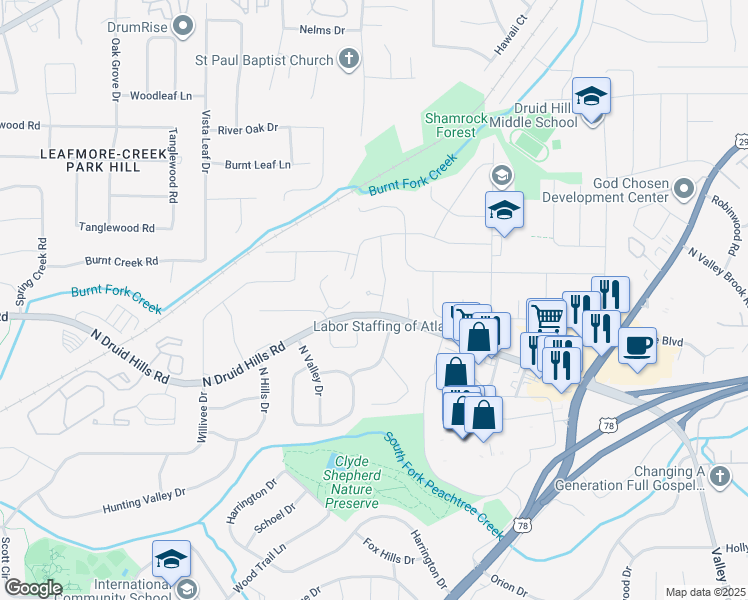 map of restaurants, bars, coffee shops, grocery stores, and more near 2633 Anastasia Cove in Decatur