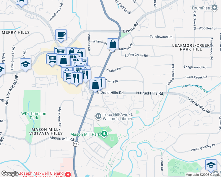 map of restaurants, bars, coffee shops, grocery stores, and more near 3094 North Druid Hills Road in Decatur
