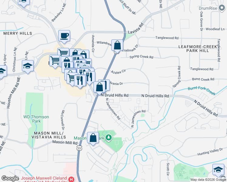 map of restaurants, bars, coffee shops, grocery stores, and more near 3094 North Druid Hills Road in Decatur
