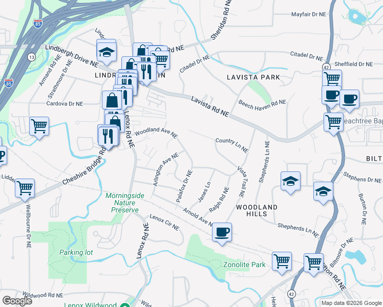 map of restaurants, bars, coffee shops, grocery stores, and more near 1266 Woodland Avenue Southeast in Atlanta
