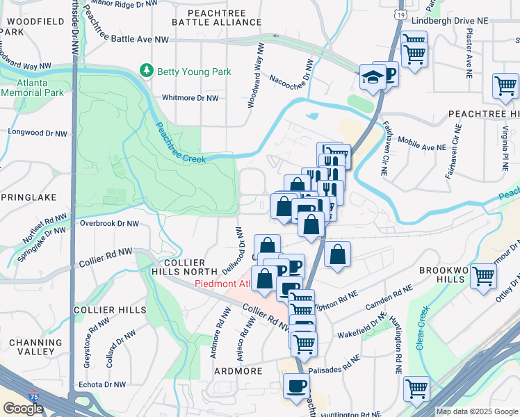 map of restaurants, bars, coffee shops, grocery stores, and more near 222 Colonial Homes Drive Northwest in Atlanta