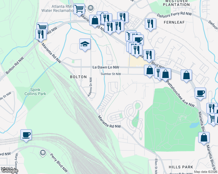 map of restaurants, bars, coffee shops, grocery stores, and more near 1967 Pacer Trail in Atlanta