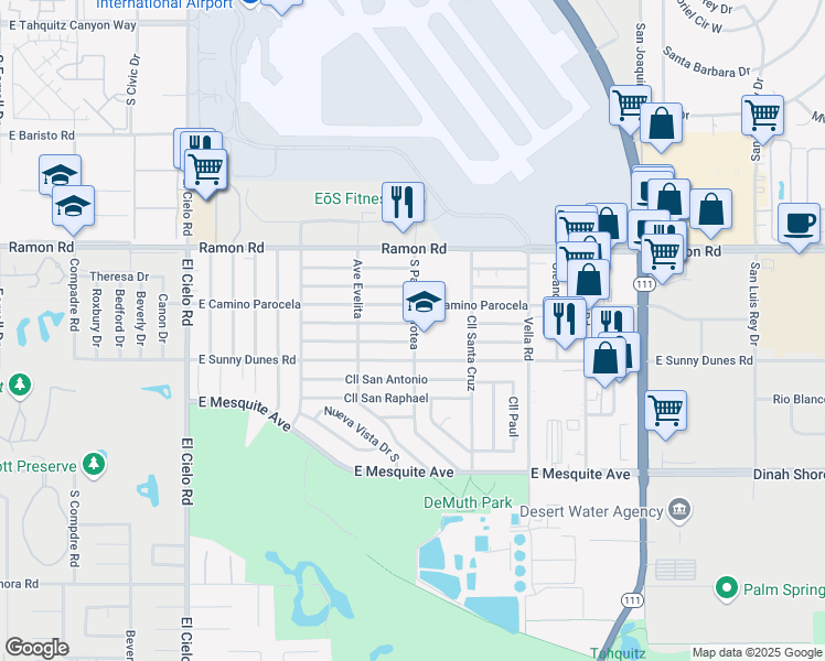 map of restaurants, bars, coffee shops, grocery stores, and more near in Palm Springs