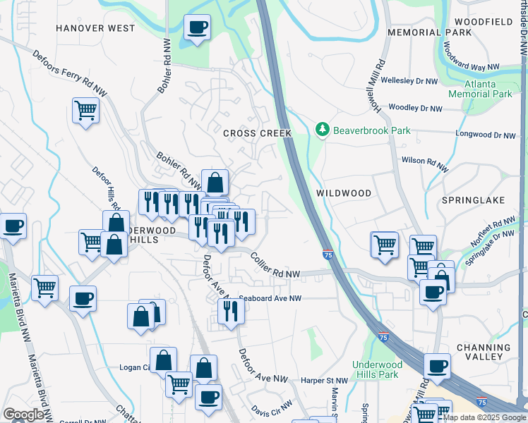 map of restaurants, bars, coffee shops, grocery stores, and more near 1134 Collier Hills Way in Atlanta