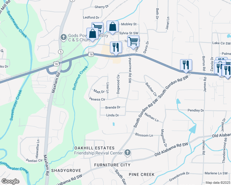 map of restaurants, bars, coffee shops, grocery stores, and more near 5792 Dogwood Circle in Austell