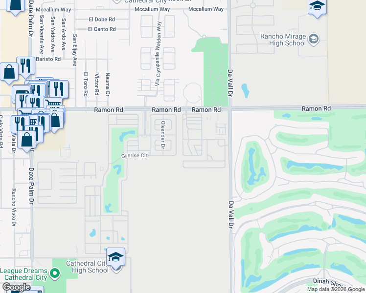 map of restaurants, bars, coffee shops, grocery stores, and more near 69801 Ramon Road in Cathedral City