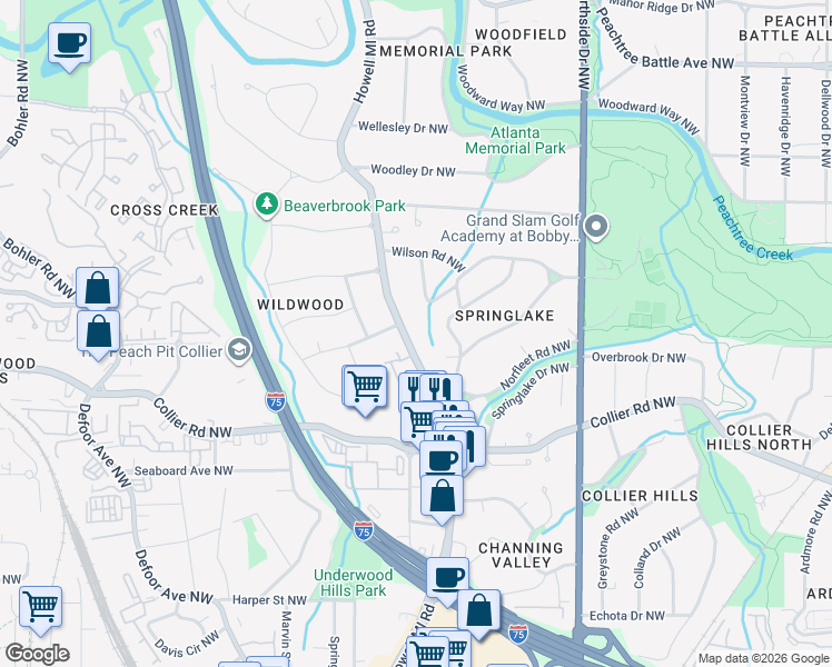 map of restaurants, bars, coffee shops, grocery stores, and more near 2113 Howell Mill Road Northwest in Atlanta