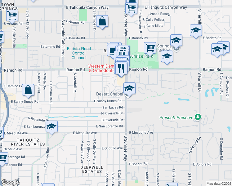 map of restaurants, bars, coffee shops, grocery stores, and more near 354 Logenita Street in Palm Springs