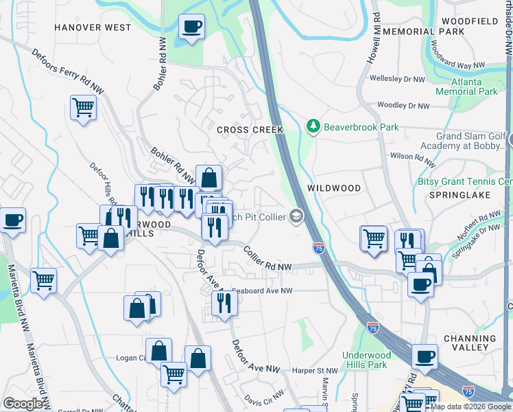 map of restaurants, bars, coffee shops, grocery stores, and more near 1134 Collier Hills Way in Atlanta